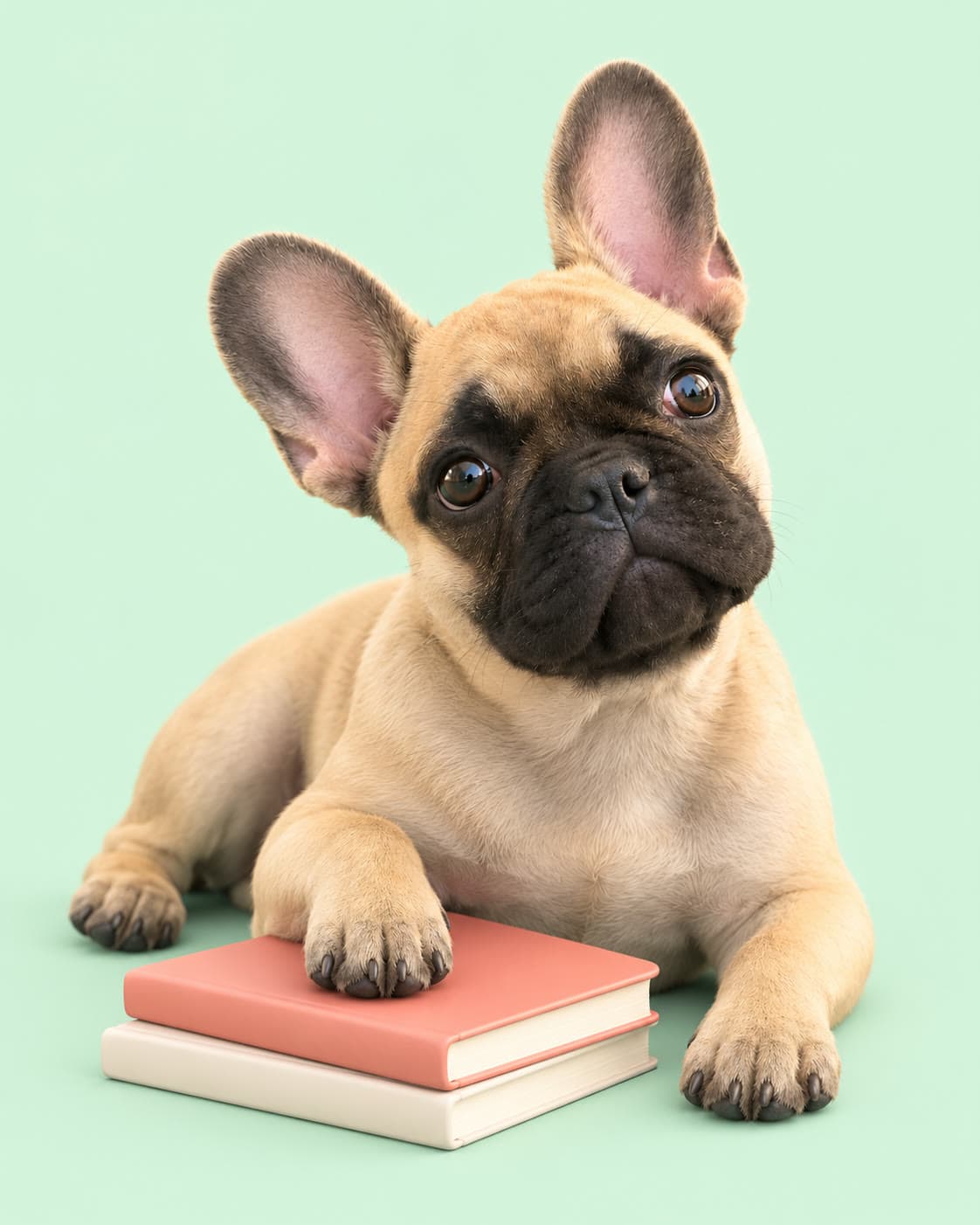 Coco, a fawn French Bulldog, lying down with one paw resting on a stack of dog care guides