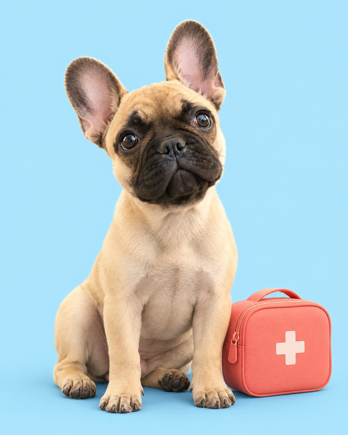 Coco, a fawn French Bulldog, sitting upright and calm beside a coral pet first-aid kit