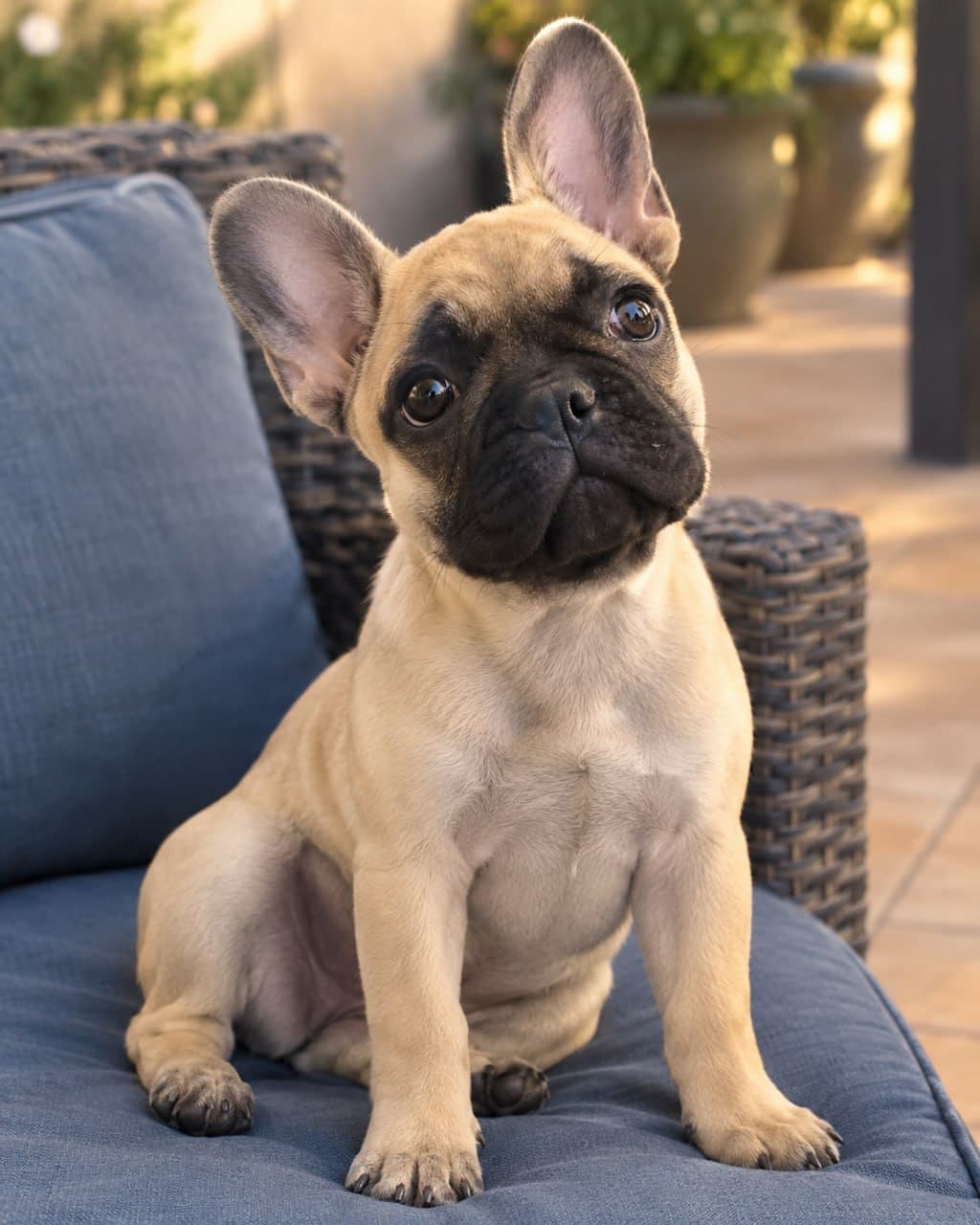 Coco sitting on a blue cushioned outdoor chair in evening light